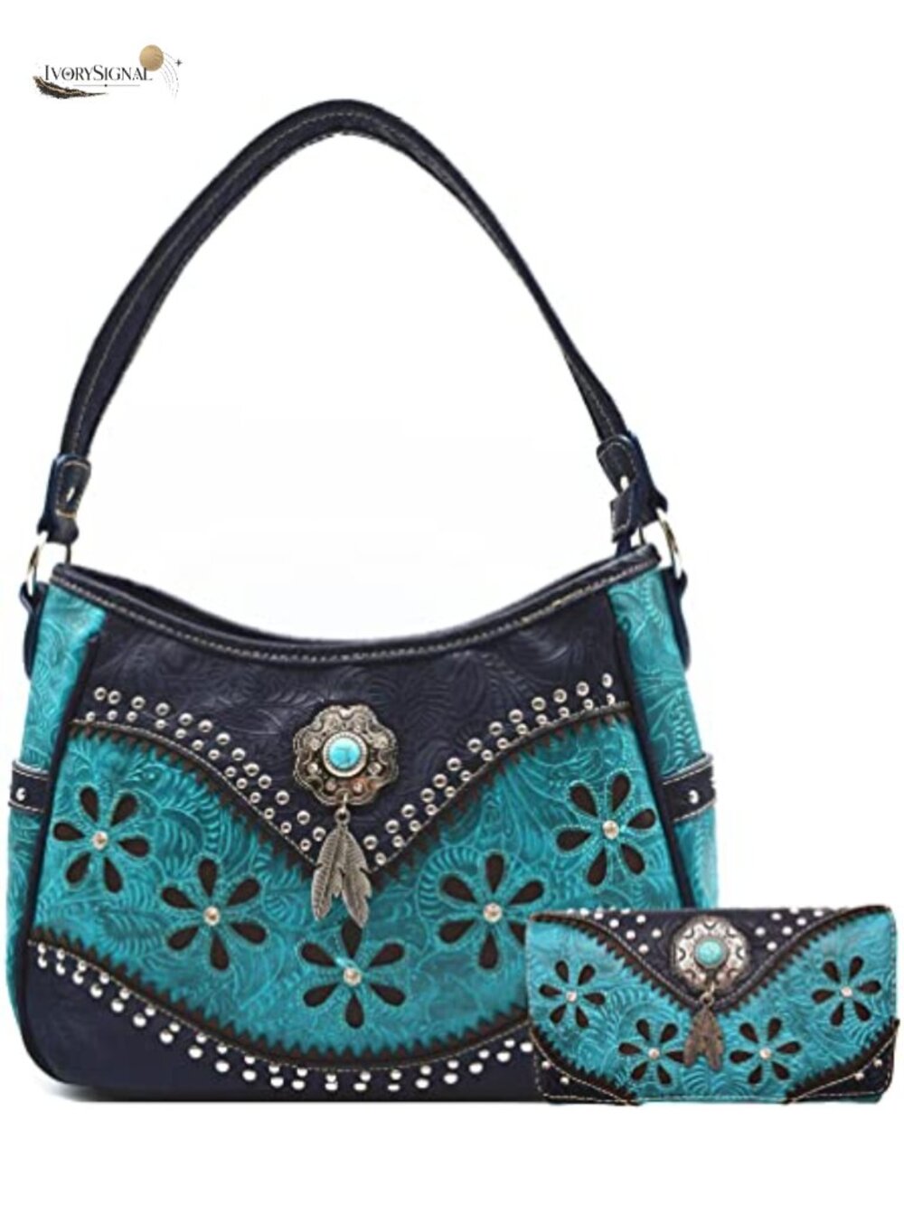 Western Tooled Floral Shoulder Bag with Matching Wallet Set Faux Leather Purse
